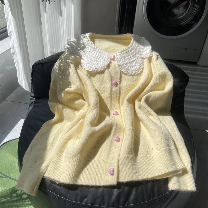 Women Lace Collar Sweet Cardigan Heart Button Knit Sweater Flecked Yarn Jumper Cute Yellow Preppy Top Winter Coat