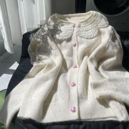 Women Lace Collar Sweet Cardigan Heart Button Knit Sweater Flecked Yarn Jumper Cute Yellow Preppy Top Winter Coat