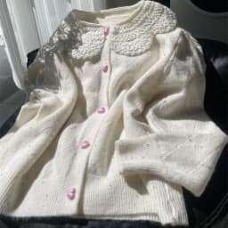 Women Lace Collar Sweet Cardigan Heart Button Knit Sweater Flecked Yarn Jumper Cute Yellow Preppy Top Winter Coat