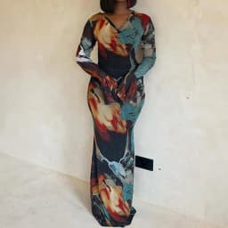 Chic Color Blocked Irregular Hug Hip Dress Fashion Print Off Shoulder Banquet Dress Elegant Slant Collar Long Sleeved Slim Dress