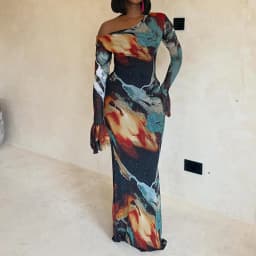 Chic Color Blocked Irregular Hug Hip Dress Fashion Print Off Shoulder Banquet Dress Elegant Slant Collar Long Sleeved Slim Dress