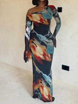 Chic Color Blocked Irregular Hug Hip Dress Fashion Print Off Shoulder Banquet Dress Elegant Slant Collar Long Sleeved Slim Dress