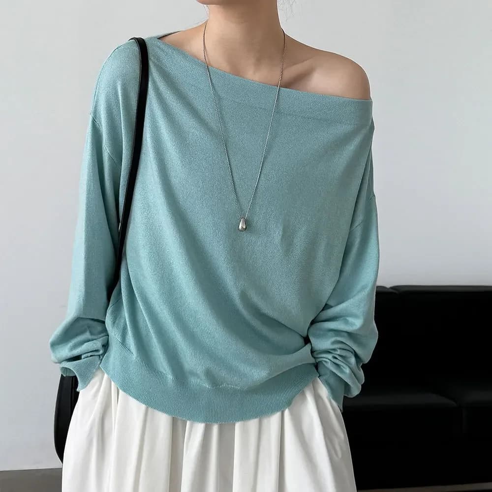 Off Shoulder Knit Pullover for Women Sexy Long Sleeve Autumn Casual Sweater Top