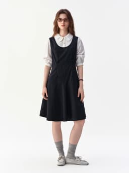 DUSHU 2026 Fall Women's Chic Preppy Faux Two-Piece Long Sleeve A-Line Dress with Waist-Defining Fit for Daily and Office Wear