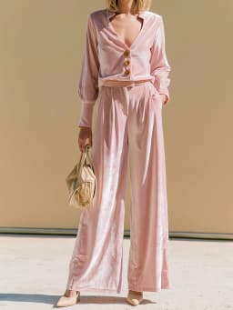Fall Winter Solid Color Velvet Outfit Women Sexy Deep V Neck Button Top & High Waist Pants Set Casual Long Sleeve Slim 2pcs Suit