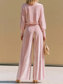 Fall Winter Solid Color Velvet Outfit Women Sexy Deep V Neck Button Top & High Waist Pants Set Casual Long Sleeve Slim 2pcs Suit