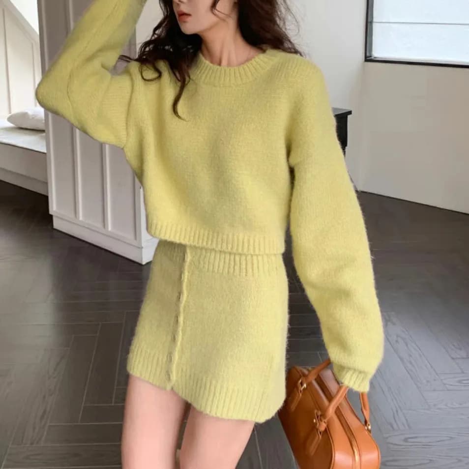 2026 Autumn Winter Women's Knitting Costume Turtleneck Solid Color Pullover Sweater Slim Skirt Two-piece Set Female Warm Suits