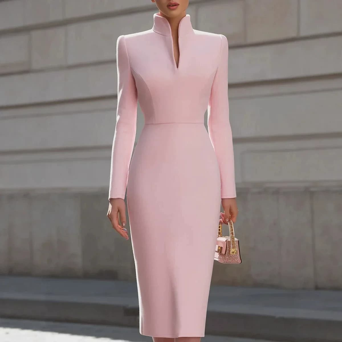 New Autumn Slimming Elegant Commuter Long Sleeve Pure Color Slim Fit Dress V Neck Dress Simple Design Midi Skirt Style Dress