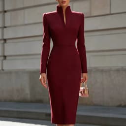 New Autumn Slimming Elegant Commuter Long Sleeve Pure Color Slim Fit Dress V Neck Dress Simple Design Midi Skirt Style Dress