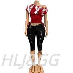 HLJ&GG Fashion Y2K Letter Print One Shoulder Two Piece Set Women Side Drawstring Ruched Top And Hollow Bandage Shorts Streetwear
