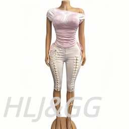 HLJ&GG Fashion Y2K Letter Print One Shoulder Two Piece Set Women Side Drawstring Ruched Top And Hollow Bandage Shorts Streetwear