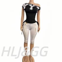 HLJ&GG Fashion Y2K Letter Print One Shoulder Two Piece Set Women Side Drawstring Ruched Top And Hollow Bandage Shorts Streetwear
