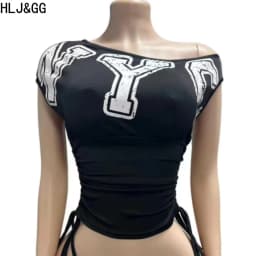 HLJ&GG Fashion Y2K Letter Print One Shoulder Two Piece Set Women Side Drawstring Ruched Top And Hollow Bandage Shorts Streetwear