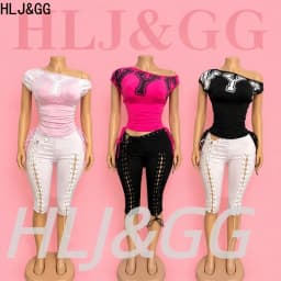 HLJ&GG Fashion Y2K Letter Print One Shoulder Two Piece Set Women Side Drawstring Ruched Top And Hollow Bandage Shorts Streetwear