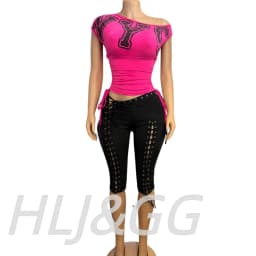 HLJ&GG Fashion Y2K Letter Print One Shoulder Two Piece Set Women Side Drawstring Ruched Top And Hollow Bandage Shorts Streetwear