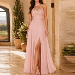 Temperament High Waist Side Slit Dress Casual Solid Sleeveless Party Evening Dress Sexy Hang Neck Off Shoulder Lace Splice Dress