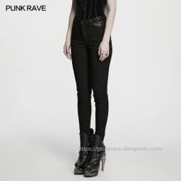 PUNK RAVE Women's Gothic Dark Patterned Jacquard Pants Waist Features Lace Decoration Slim-fit Tapered Trousers