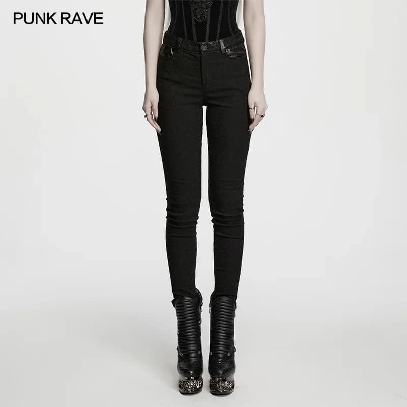 PUNK RAVE Women's Gothic Dark Patterned Jacquard Pants Waist Features Lace Decoration Slim-fit Tapered Trousers