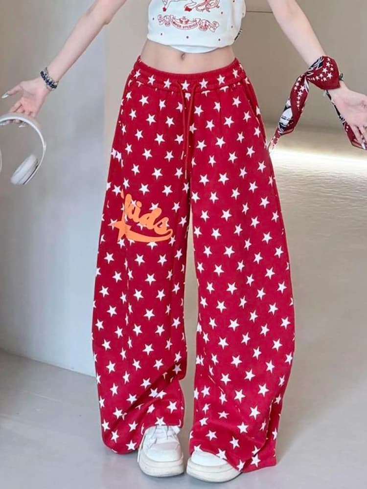 American Retro Stars Pant Women Fall Loose High Waist Preppy Style Red Trousers Casual Lace Up Bf Letter Pockets Vintage Pants