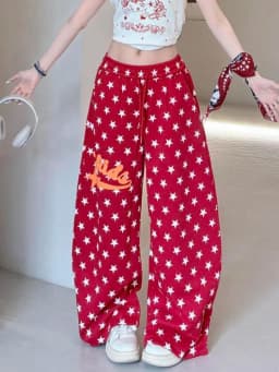American Retro Stars Pant Women Fall Loose High Waist Preppy Style Red Trousers Casual Lace Up Bf Letter Pockets Vintage Pants