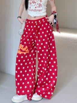 American Retro Stars Pant Women Fall Loose High Waist Preppy Style Red Trousers Casual Lace Up Bf Letter Pockets Vintage Pants