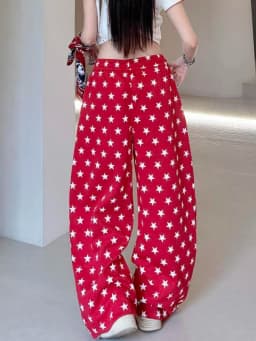 American Retro Stars Pant Women Fall Loose High Waist Preppy Style Red Trousers Casual Lace Up Bf Letter Pockets Vintage Pants