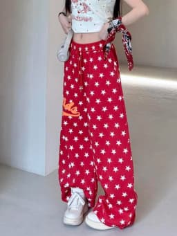 American Retro Stars Pant Women Fall Loose High Waist Preppy Style Red Trousers Casual Lace Up Bf Letter Pockets Vintage Pants