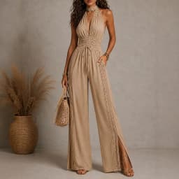 Vintage Solid Halter Backless Jumpsuits Women High Neck Deep V Self Tie Waist Hollow Lace Wide Leg Romper Resort Travel Overalls