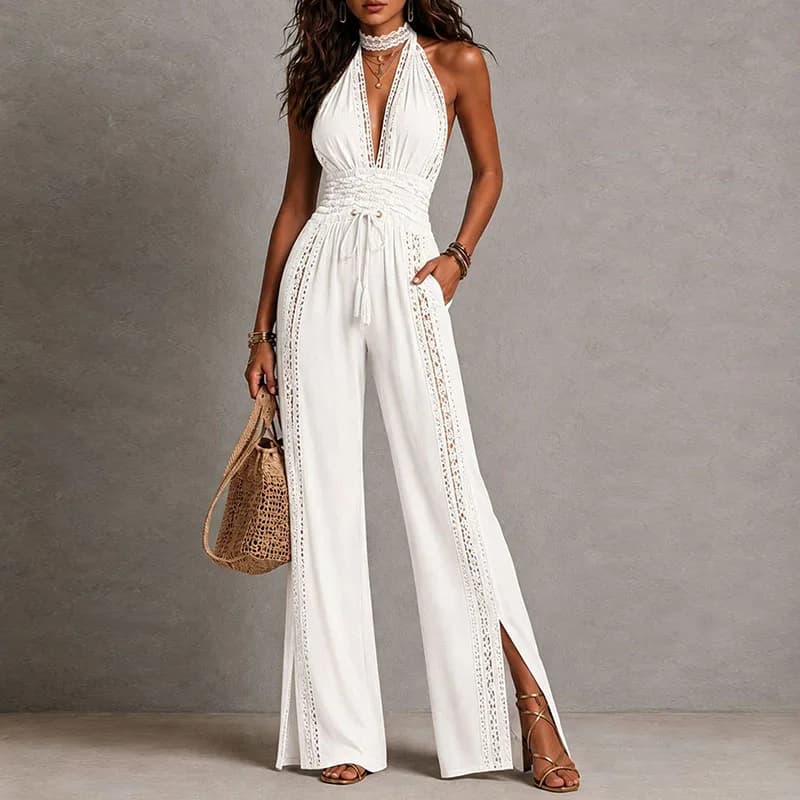 Vintage Solid Halter Backless Jumpsuits Women High Neck Deep V Self Tie Waist Hollow Lace Wide Leg Romper Resort Travel Overalls