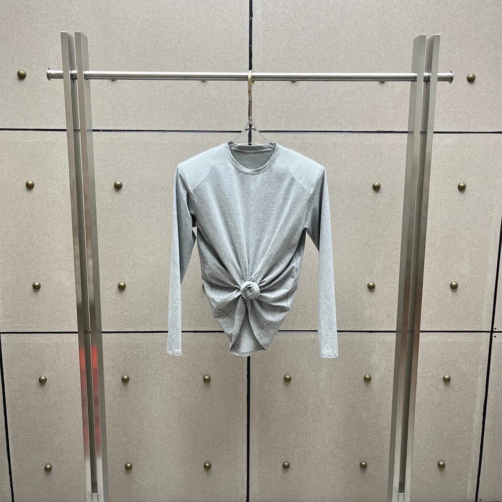 Ladies Cotton‑blend Long Sleeve Tee Crew Neck Front Twisted Knot Ruched Slim Fashion Cropped T‑Shirt Women Casual Daily Tops