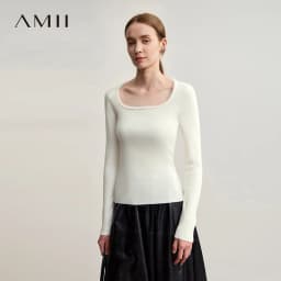 Amii Sweater For Woman 2026 Winter New Modern Retro Square Collar Sweater Slim Solid Versatile Women's Long Sleeve Top 12544142