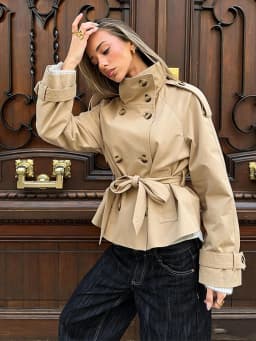 Khaki Belted Wasit Cropped Trench Coat Women's Stand Collar Double-breasted Jacket Autumn Spring Clothing Outwear Green Burgundy