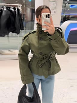 Khaki Belted Wasit Cropped Trench Coat Women's Stand Collar Double-breasted Jacket Autumn Spring Clothing Outwear Green Burgundy