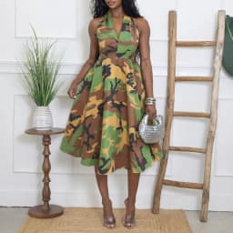 Vintage Camouflage Print Loose Long Dress Women's Casual Halter High Waist Hem A-Line Dress Summer Sleeveless Pocket Party Dress