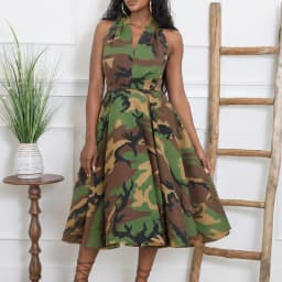 Vintage Camouflage Print Loose Long Dress Women's Casual Halter High Waist Hem A-Line Dress Summer Sleeveless Pocket Party Dress