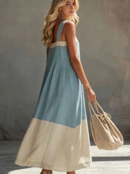 Women Color Block Sleeveless Maxi Dress Spaghetti Strap Loose Flowy Tiered Casual Sundress for Beach Vacation and Resort Wear