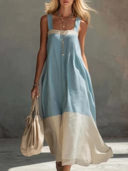 Women Color Block Sleeveless Maxi Dress Spaghetti Strap Loose Flowy Tiered Casual Sundress for Beach Vacation and Resort Wear
