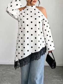 GIBSIE Plus Size Polka Dot Cold Shoulder Top Women Autumn Long Sleeve Loose Contrast Lace Asymmetrical Hem Tops and Blouses 2026