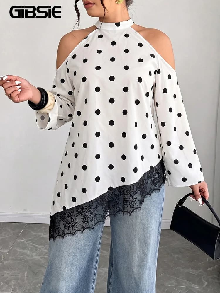GIBSIE Plus Size Polka Dot Cold Shoulder Top Women Autumn Long Sleeve Loose Contrast Lace Asymmetrical Hem Tops and Blouses 2026