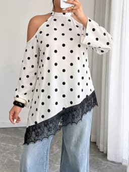GIBSIE Plus Size Polka Dot Cold Shoulder Top Women Autumn Long Sleeve Loose Contrast Lace Asymmetrical Hem Tops and Blouses 2026