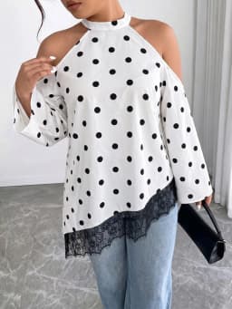 GIBSIE Plus Size Polka Dot Cold Shoulder Top Women Autumn Long Sleeve Loose Contrast Lace Asymmetrical Hem Tops and Blouses 2026