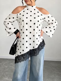 GIBSIE Plus Size Polka Dot Cold Shoulder Top Women Autumn Long Sleeve Loose Contrast Lace Asymmetrical Hem Tops and Blouses 2026