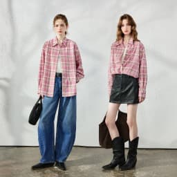 TOYOUTH Women's Pink Plaid Blouse Fall 2026 Loose Mid Length Rhinestone Lapel Collar Long Sleeve Slimming Top
