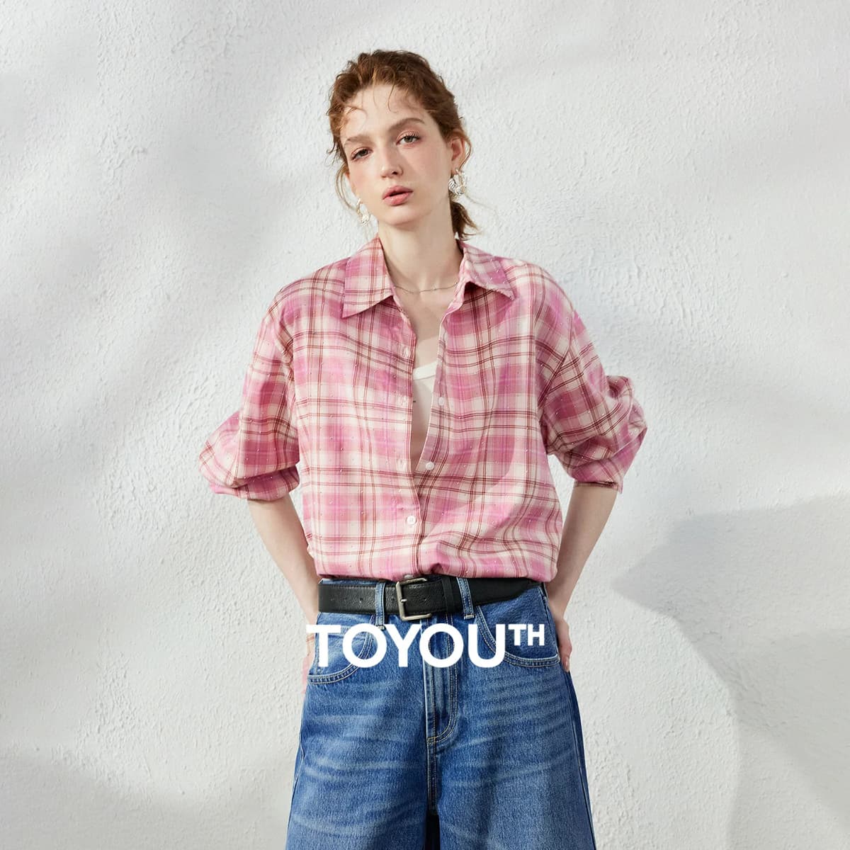 TOYOUTH Women's Pink Plaid Blouse Fall 2026 Loose Mid Length Rhinestone Lapel Collar Long Sleeve Slimming Top