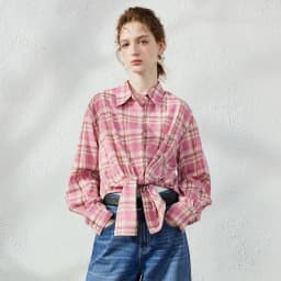 TOYOUTH Women's Pink Plaid Blouse Fall 2026 Loose Mid Length Rhinestone Lapel Collar Long Sleeve Slimming Top