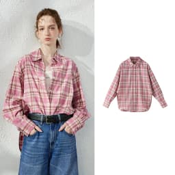 TOYOUTH Women's Pink Plaid Blouse Fall 2026 Loose Mid Length Rhinestone Lapel Collar Long Sleeve Slimming Top