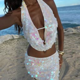 Spring Summer Beachwear Sets for Women Sexy Hollow Out Halter Draped Top & Mini Skirts Outfit Chic Glitter Sequin Backless Suits
