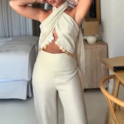New Summer Backless 2 Piece Set Fashion Criss-cross Sequin Top & High Waist Pants Women's Suit Spring Casual Solid Hollow Outfit