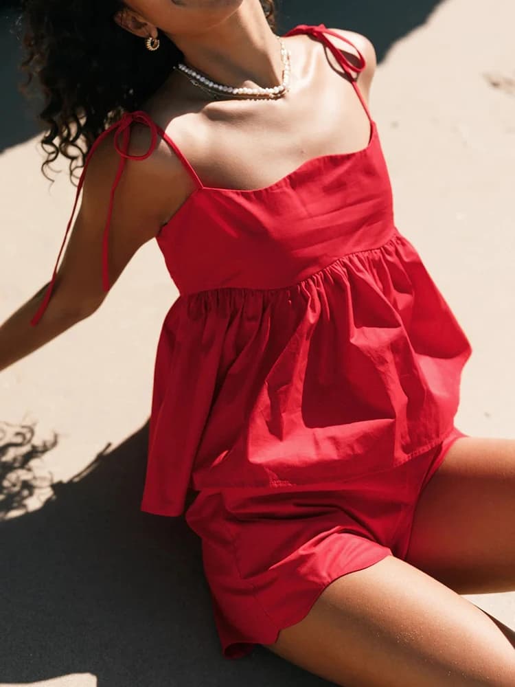 Vacation Sleeveless Loose Outfit New Off Shoulder Camisole Top & Shorts Women Two Piece Summer Simple Solid Backless Beach Suit
