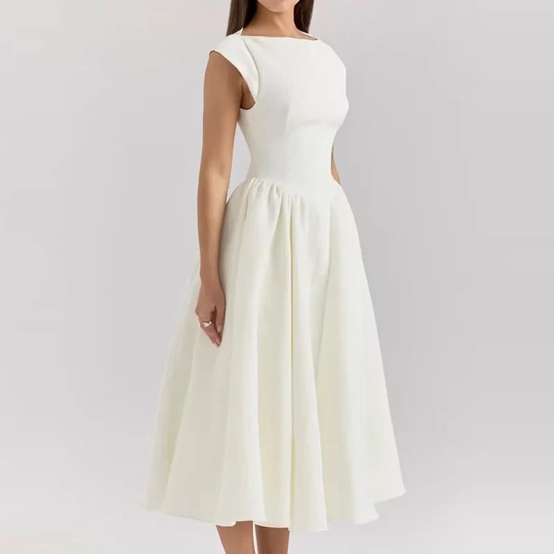 Elegant Hight Waist White Princess Dress Fashion French Style O-neck A-Line Dress Women's Sexy Backless Hollow Long Party Dress